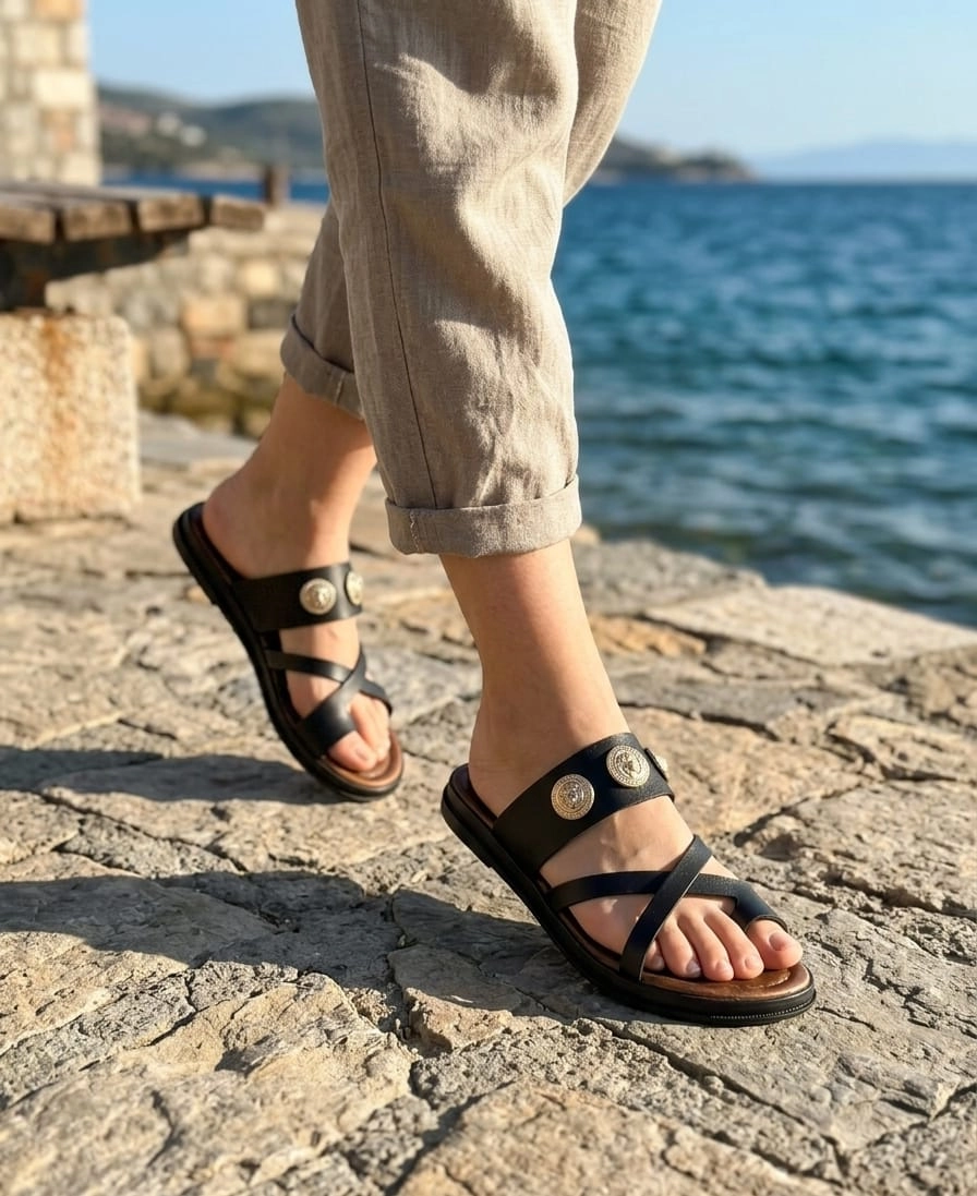 Geeta Yazlık Deri Bodrum Terlik Madalyon Siyah