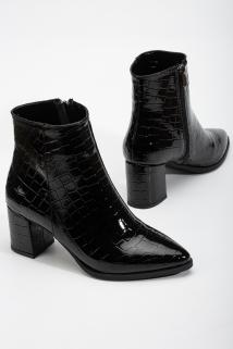 Kadın Krokodil Desenli Sivri Burun Topuklu Bot Siyah